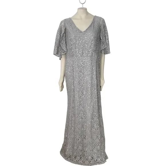 MARINA Silver Sequins & Lace Formal Maxi DressWeddingSZ 18W